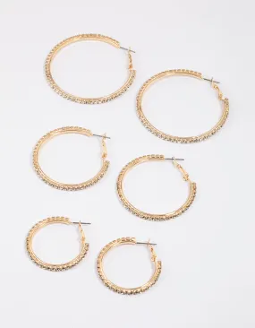 Gold Mixed Size Diamante Hoop Earrings