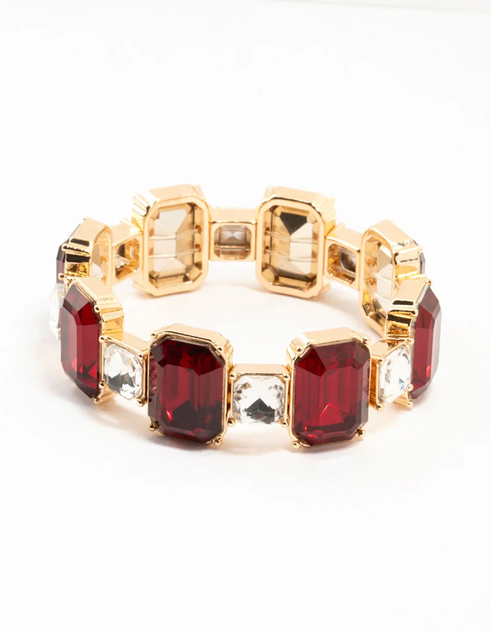 Gold Red Rectangular & Square Diamante Stretch Bracelet