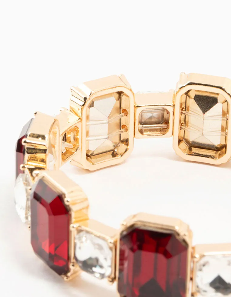 Gold Red Rectangular & Square Diamante Stretch Bracelet