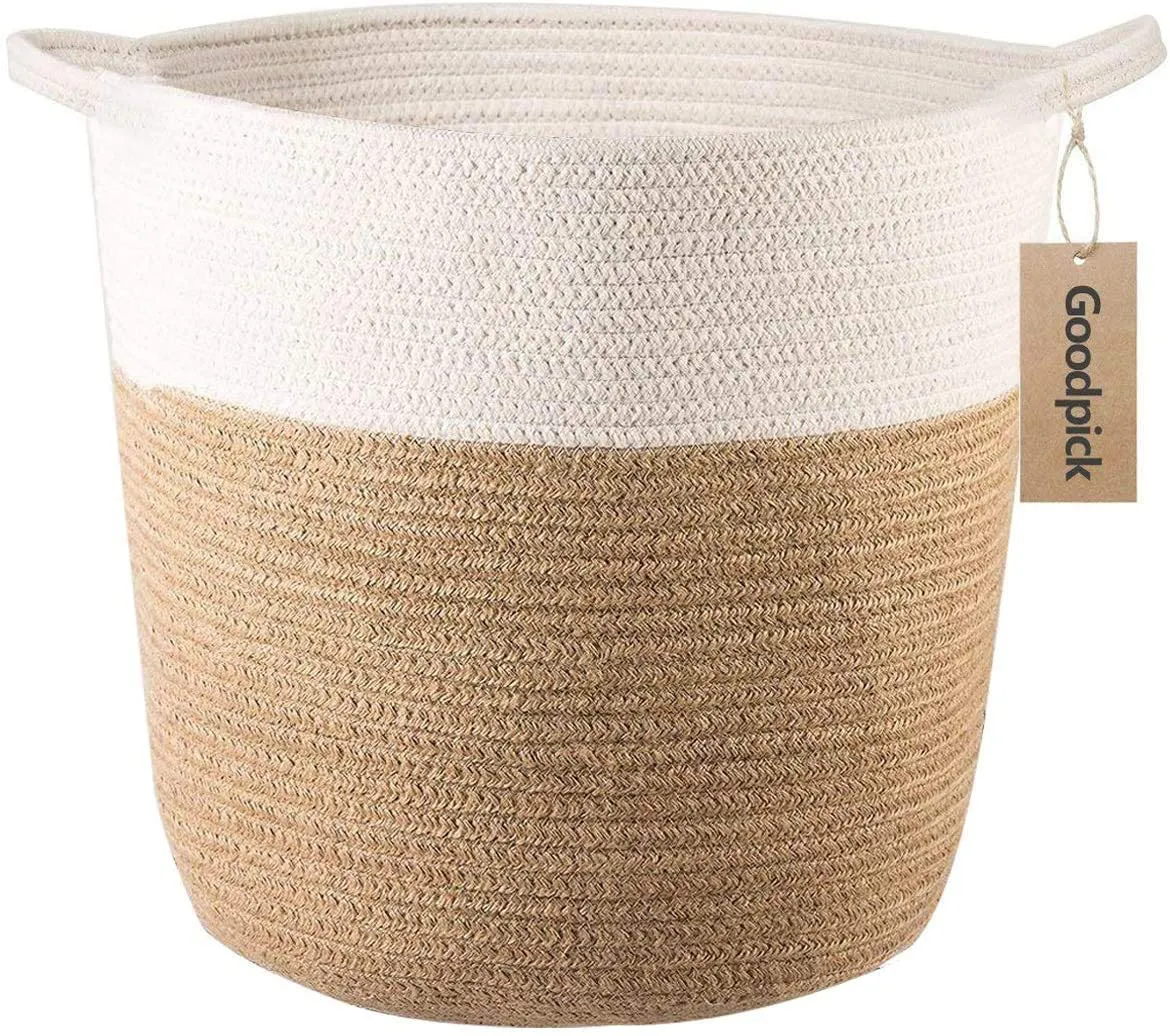 Goodpick Cotton Rope Storage Basket- Jute Basket Woven Planter Basket Rope Laundry Basket with Handles for Toys, Blanket and Pot Plant Cover, 16.0 x15.0 x12.6