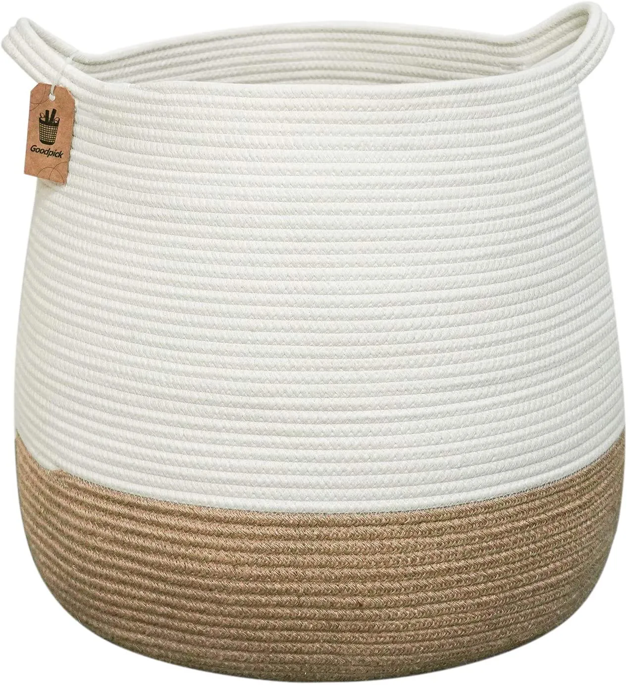 Goodpick Cotton Rope Storage Basket- Jute Basket Woven Planter Basket Rope Laundry Basket with Handles for Toys, Blanket and Pot Plant Cover, 16.0 x15.0 x12.6