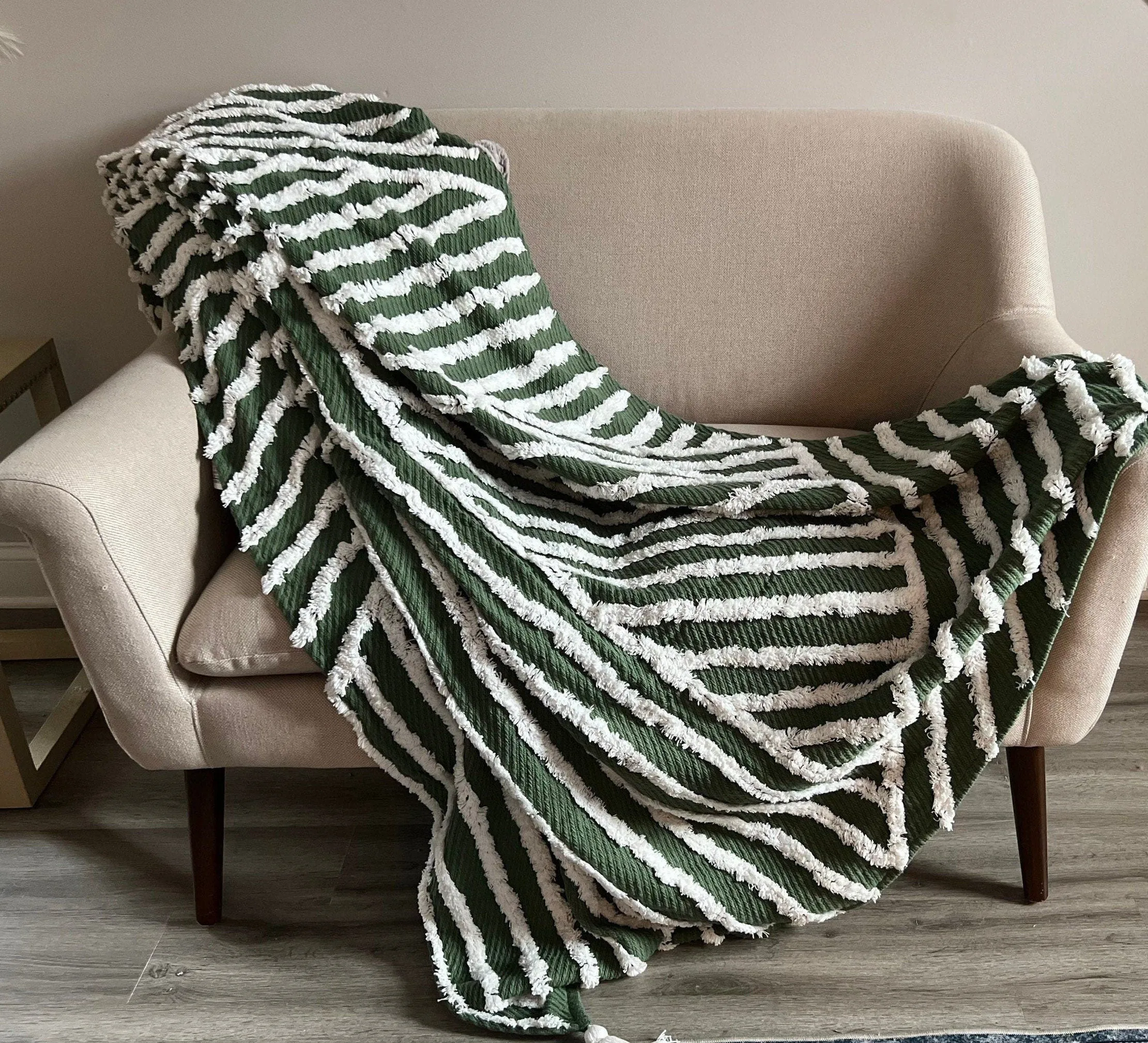 Handmade, Green Throw Blanket For Couch, African Tufted Throw Blanket, Woven Throw Blanket, Bohemian Decor, Unique Christmas Gift for her