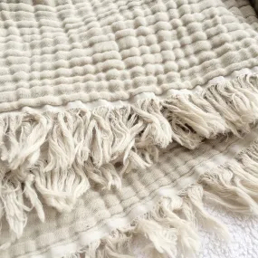 KyraHome Muslin Throw Blanket 60x90 Twin XL, Organic Cotton Throw Blanket for Couch, Bed, Plant Dyed, Breathable Lightweight Soft Gauze Fall Blanket, All Season (Oatmeal Khaki)