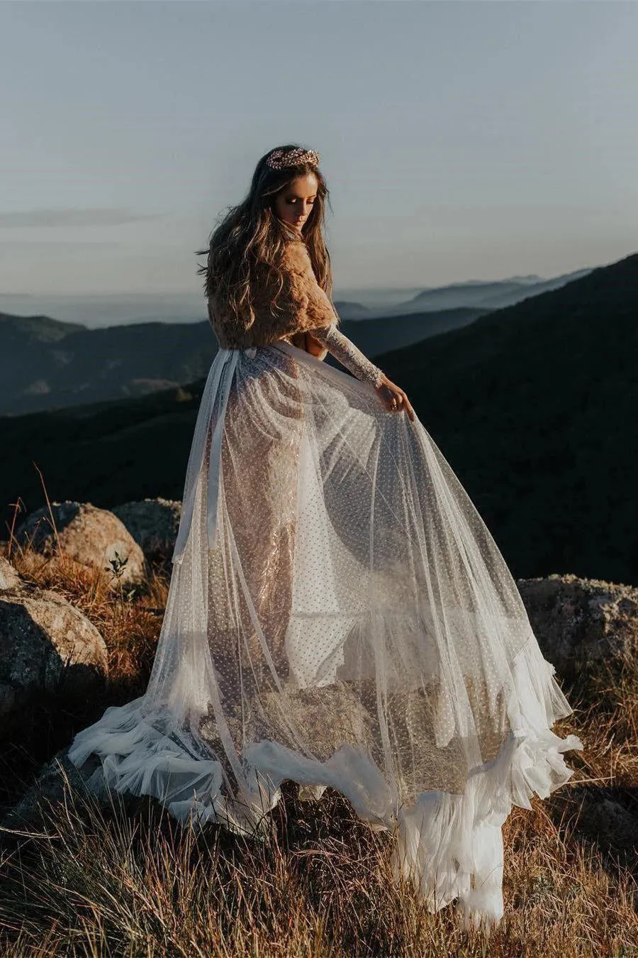 Long Sleeve Polka Dot Rustic Lace Wedding Dress