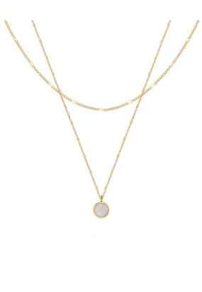 Madeline Double Side Pendant with White Mother Pearl and Black Ceramic Inlay in Multi-Layer Gold Chain Necklace