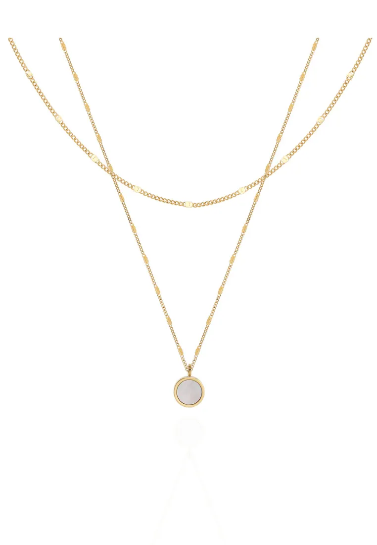 Madeline Double Side Pendant with White Mother Pearl and Black Ceramic Inlay in Multi-Layer Gold Chain Necklace