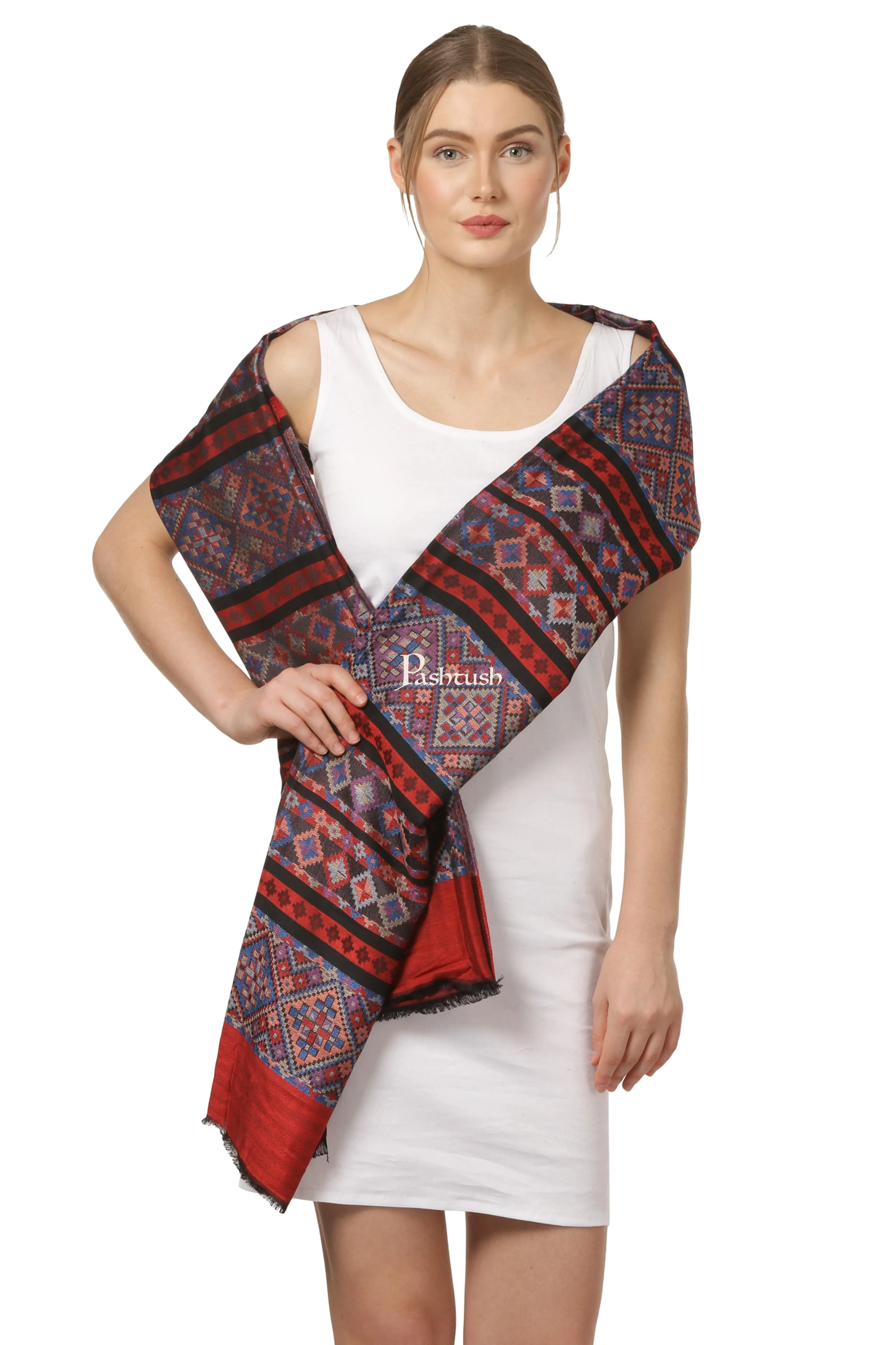 Pashtush His And Her Gift Set Of Bamboo Weave Stoles With Premium Gift Box Packaging, Blue and Red