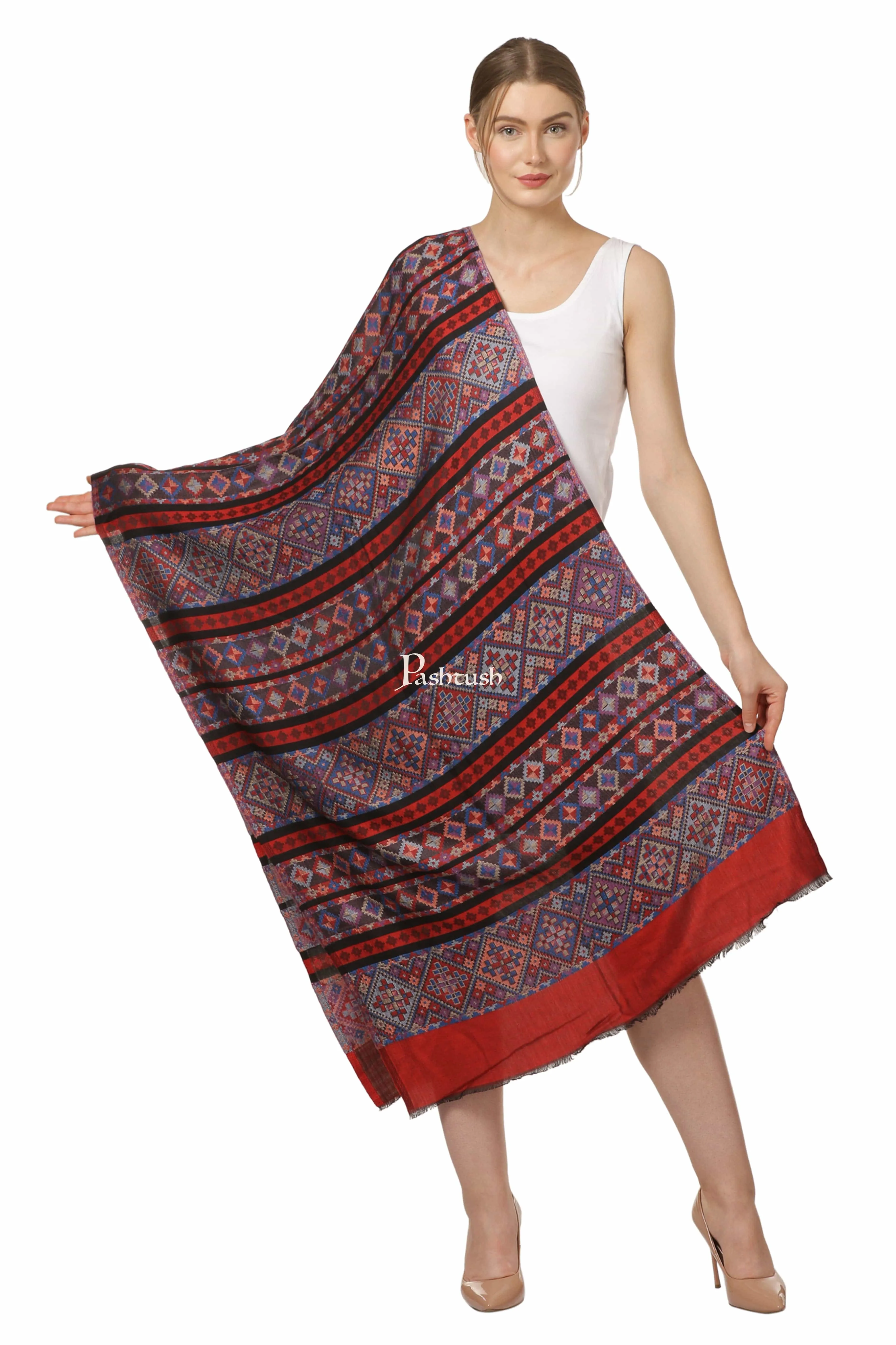 Pashtush His And Her Gift Set Of Bamboo Weave Stoles With Premium Gift Box Packaging, Blue and Red