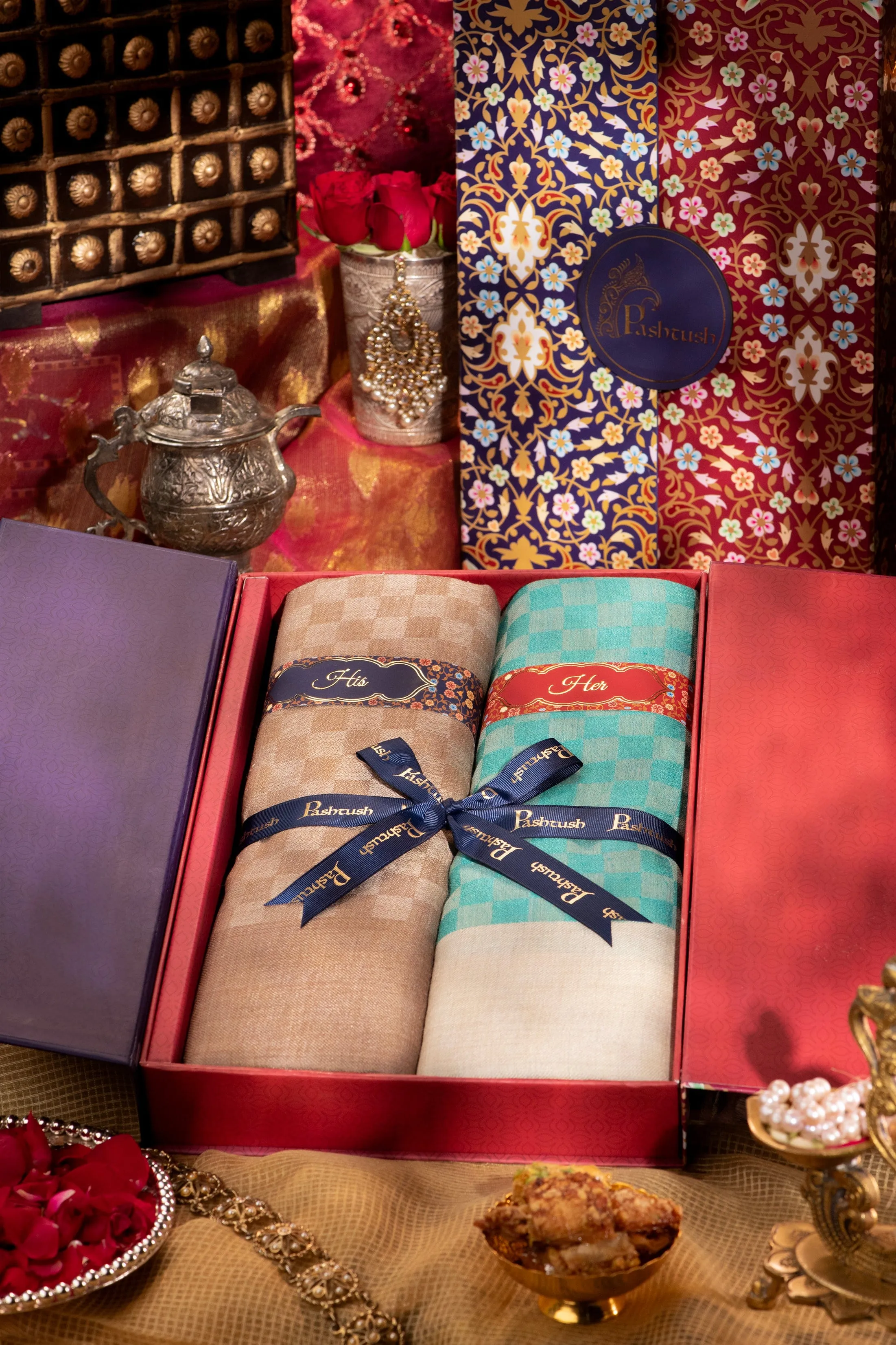 Pashtush His And Her Gift Set Of Check Stoles With Premium Gift Box Packaging, Beige and Sea Green