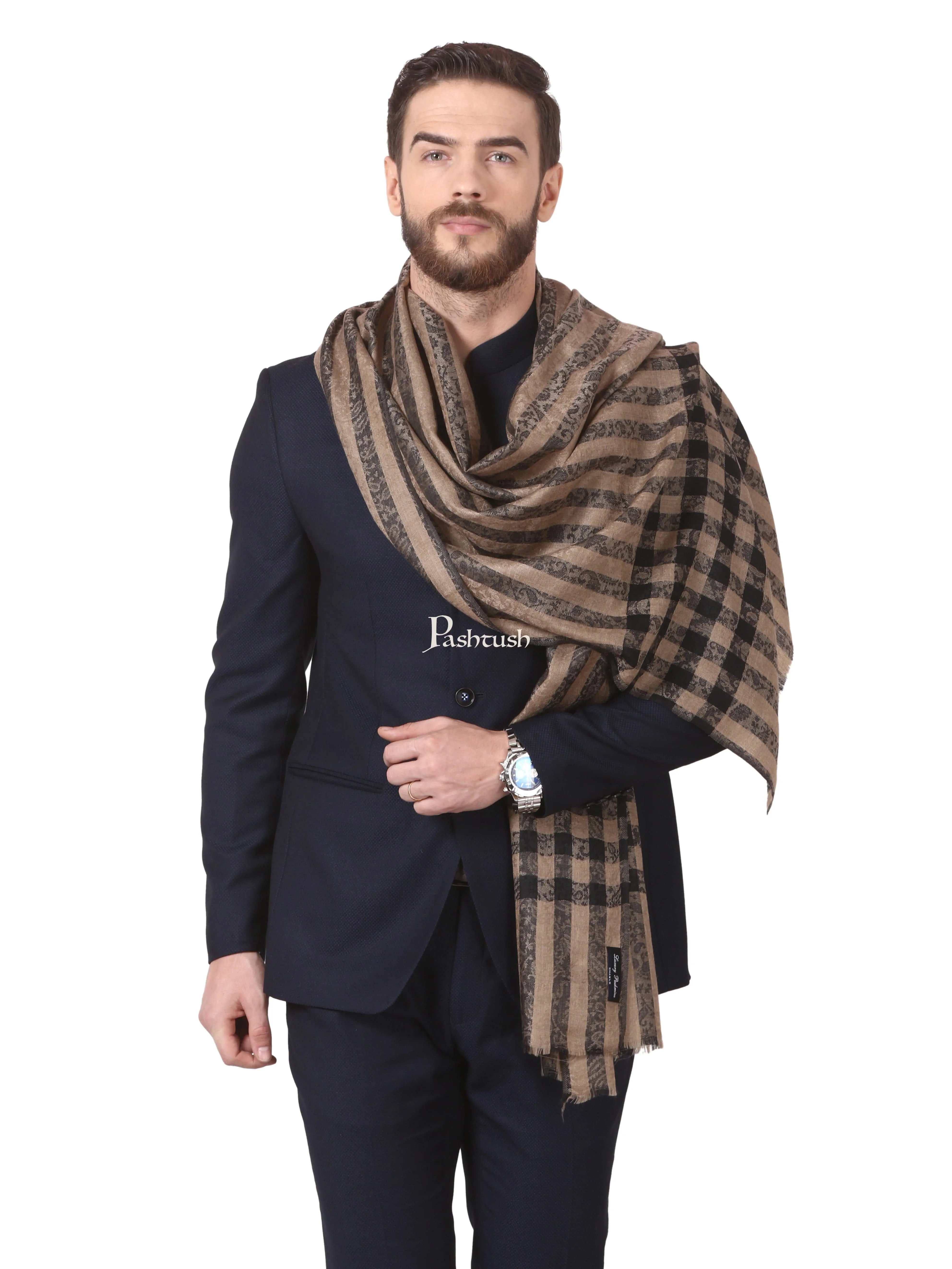 Pashtush His And Her Gift Set Of Check Stripe Stoles With Premium Gift Box Packaging, Black and Beige