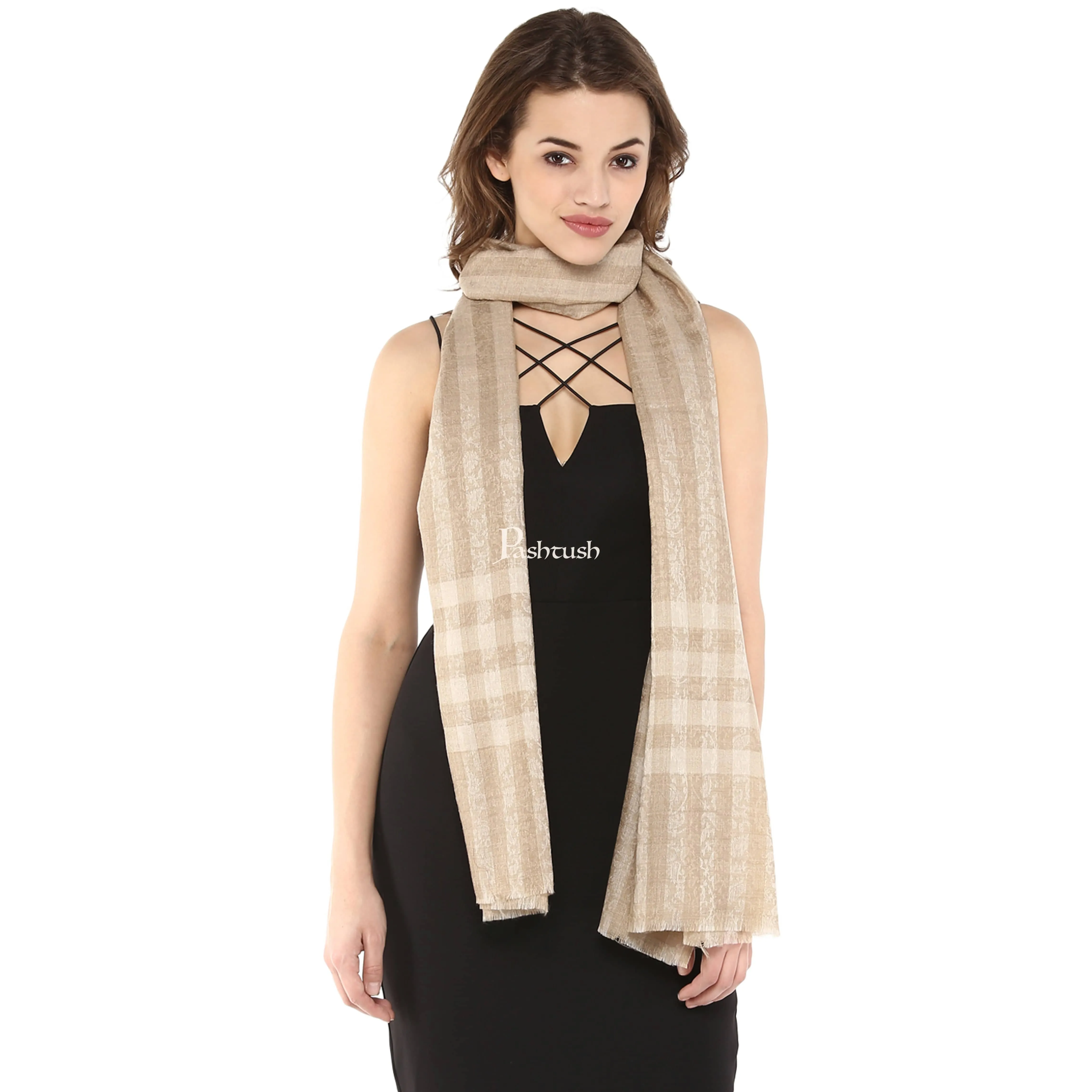 Pashtush His And Her Gift Set Of Check Stripe Stoles With Premium Gift Box Packaging, Black and Beige