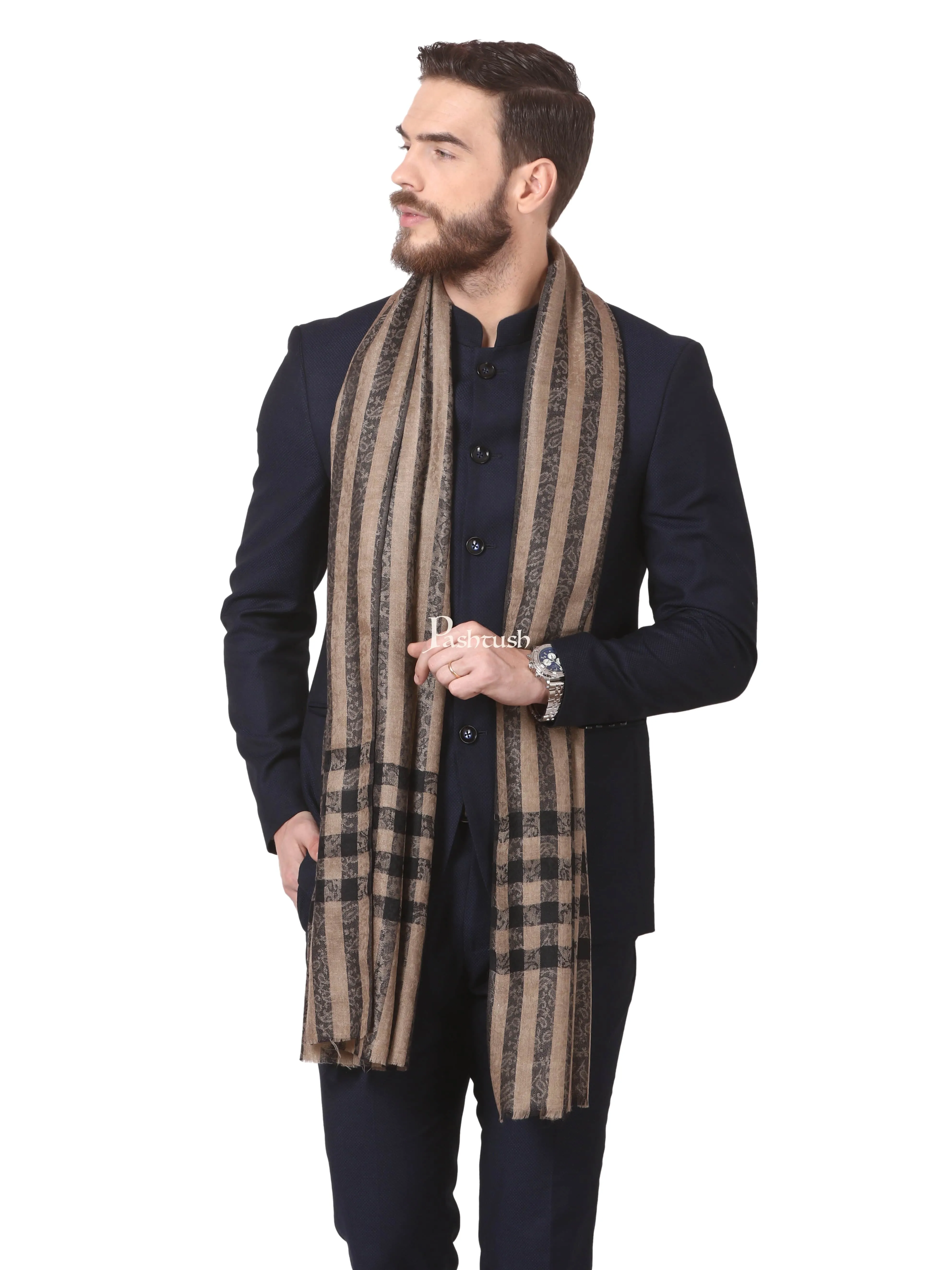 Pashtush His And Her Gift Set Of Check Stripe Stoles With Premium Gift Box Packaging, Black and Beige