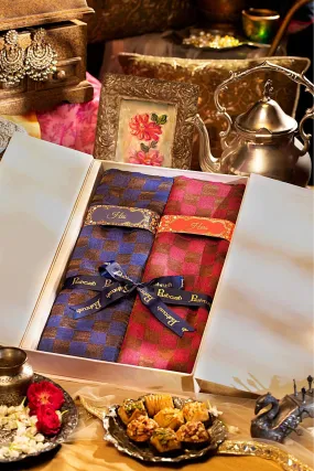 Pashtush His And Her Gift Set Of Checkered Twilight Stoles With Premium Gift Box Packaging, Royal Blue and Pink