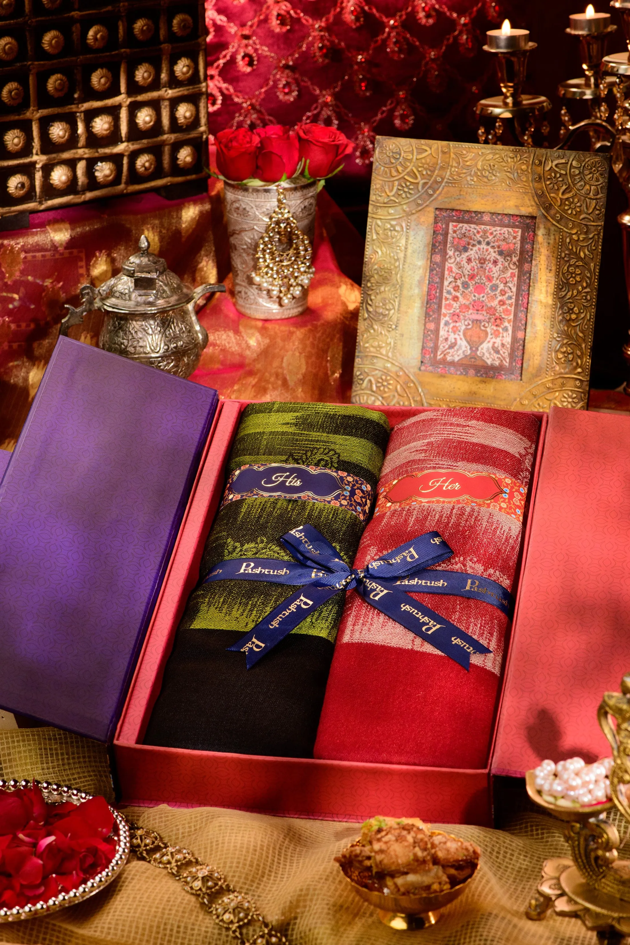 Pashtush His And Her Gift Set Of Ikkat Design Stoles With Premium Gift Box Packaging, Emerald Green and Maroon