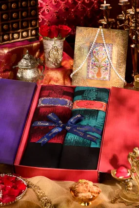 Pashtush His And Her Gift Set Of Ikkat Design Stoles With Premium Gift Box Packaging, Maroon and Pacific Blue