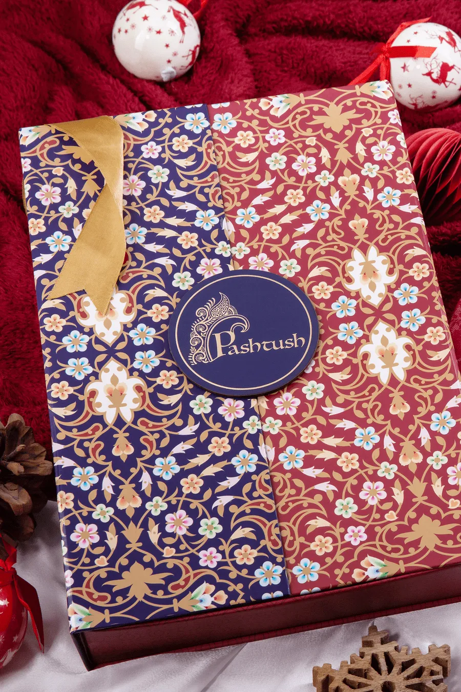 Pashtush His And Her Gift Set Of Ikkat Design Stoles With Premium Gift Box Packaging, Maroon and Pacific Blue