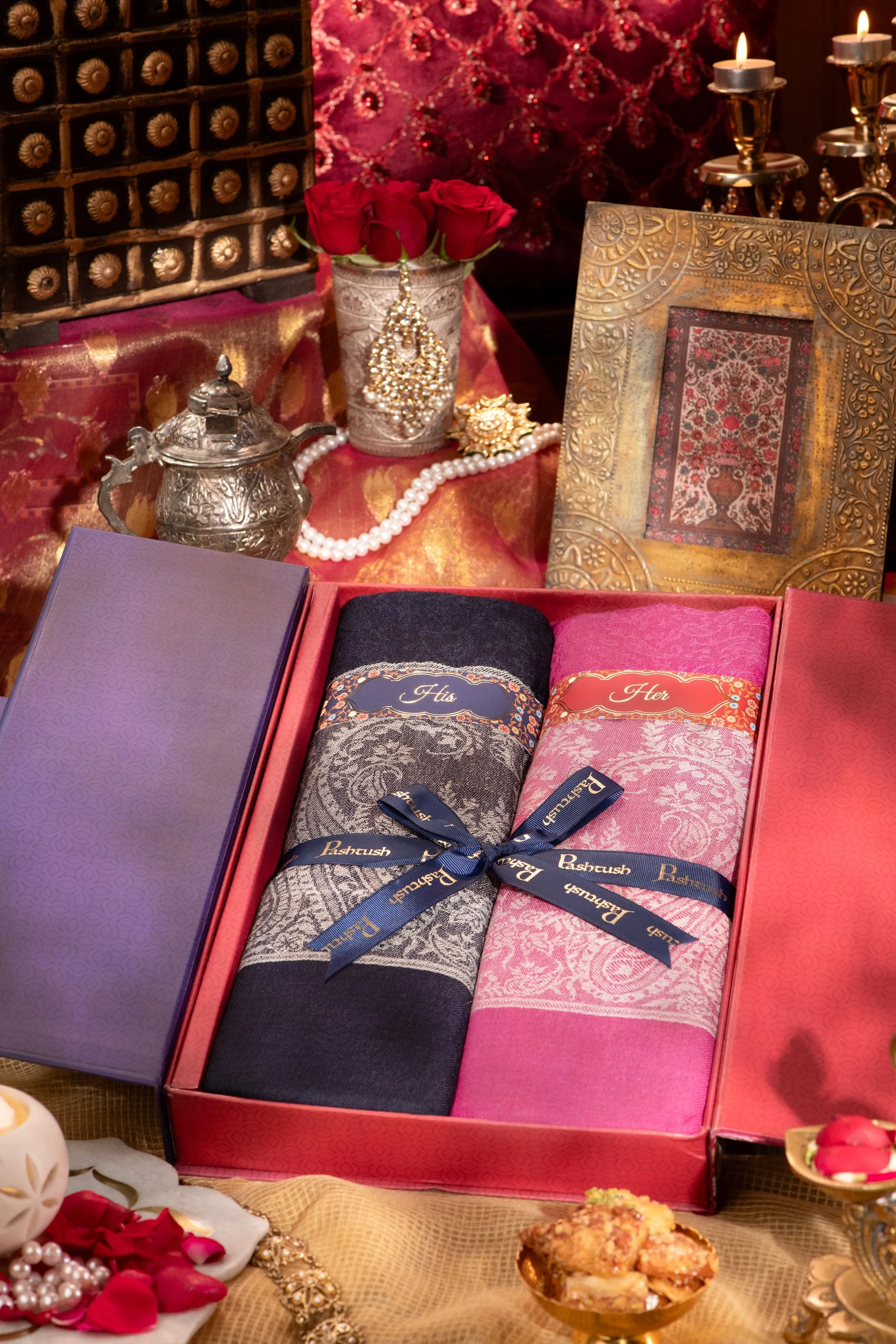 Pashtush His And Her Gift Set Of Reversible Paisley Design Stoles With Premium Gift Box Packaging, Navy Blue and Powder Pink