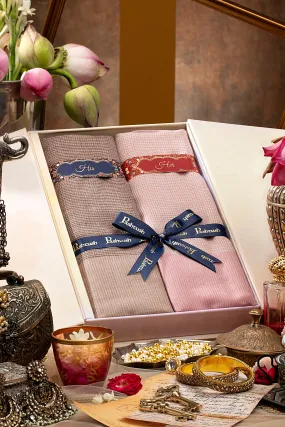 Pashtush His And Her Gift Set Of Silk Wool Stoles With Premium Gift Box Packaging, Houndstooth Weave, Taupe and Soft Pink