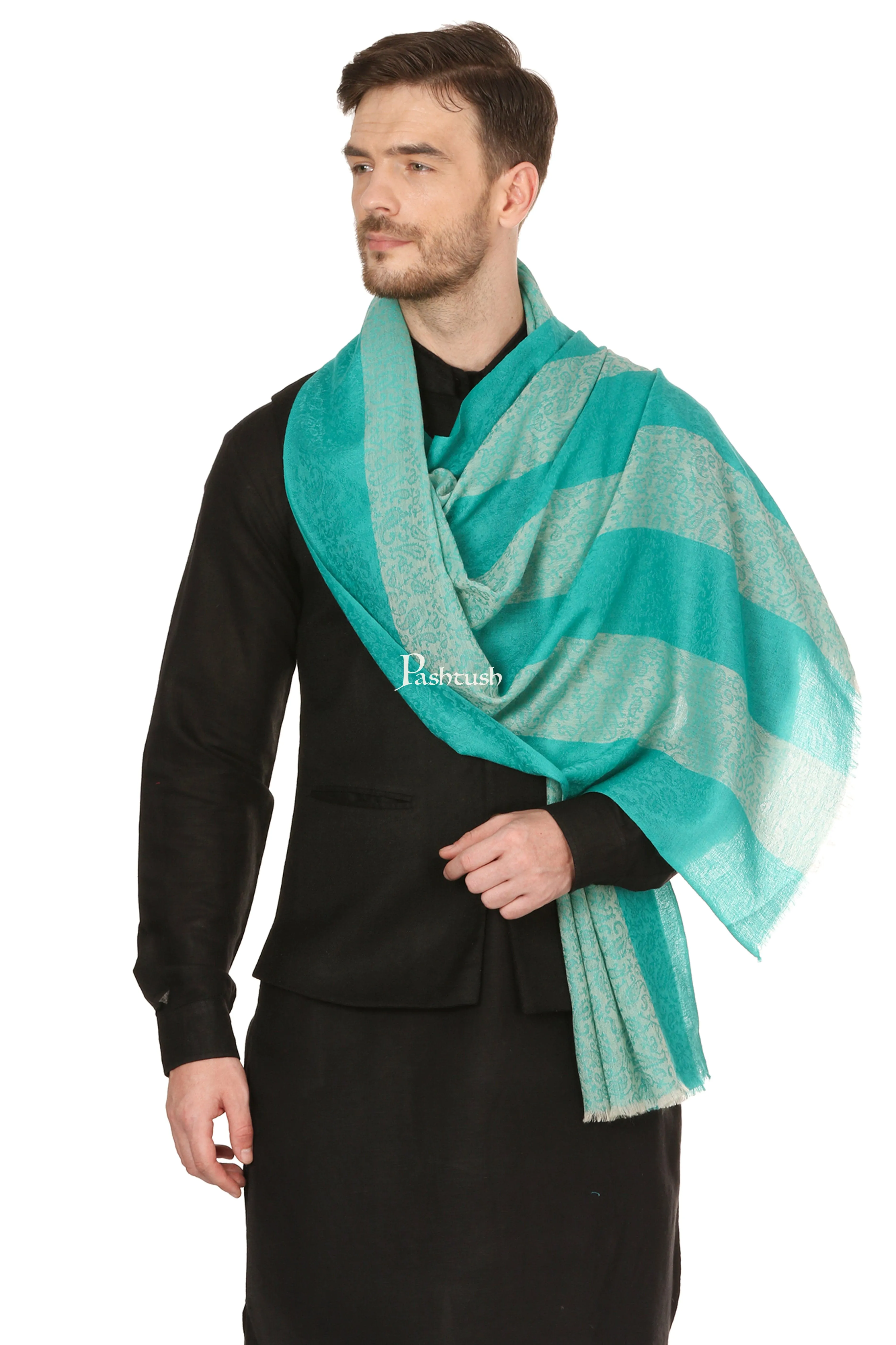 Pashtush His And Her Gift Set Of Striped Design Stoles With Premium Gift Box Packaging, Sea Green and Black