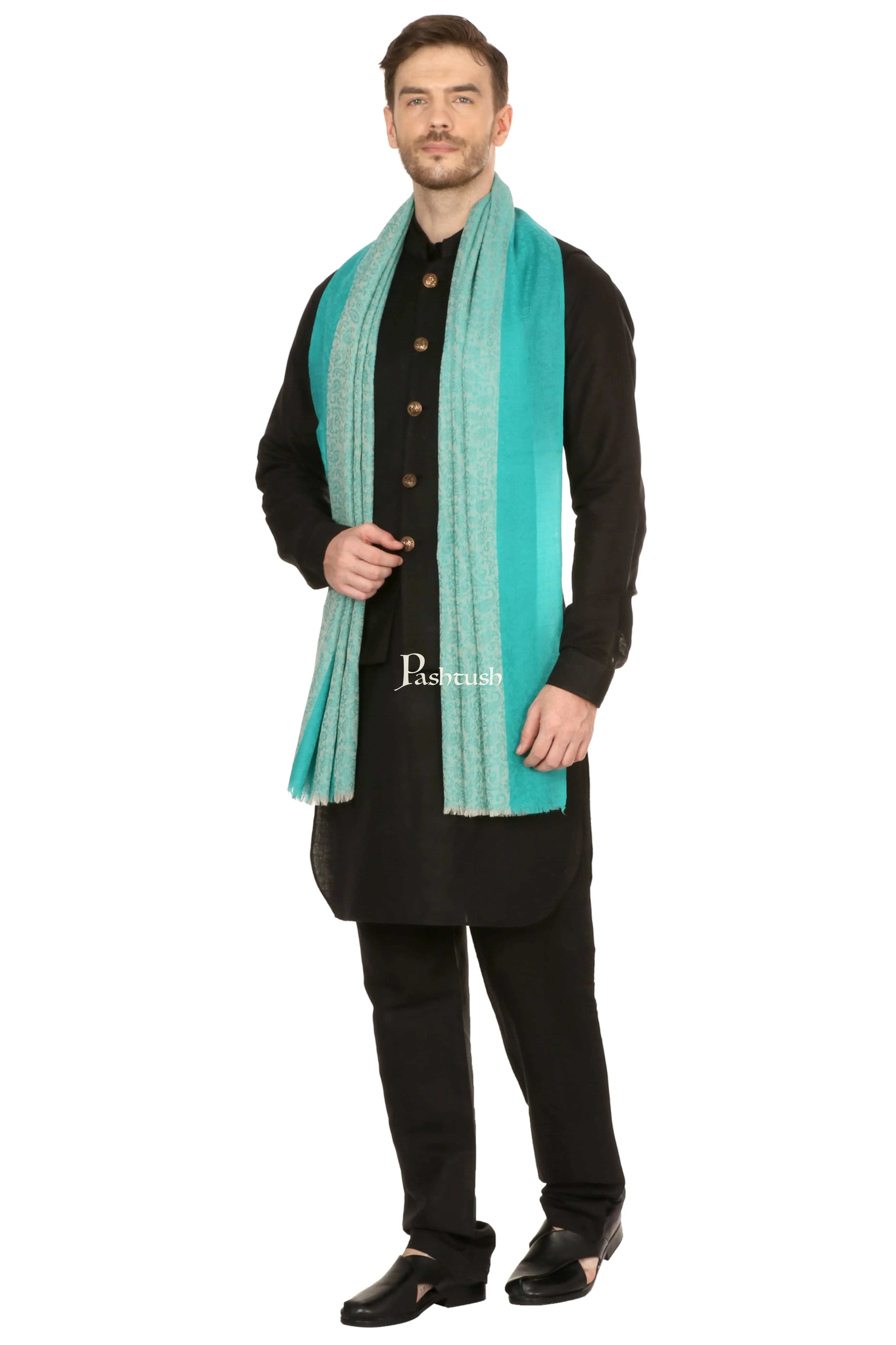 Pashtush His And Her Gift Set Of Striped Design Stoles With Premium Gift Box Packaging, Sea Green and Black