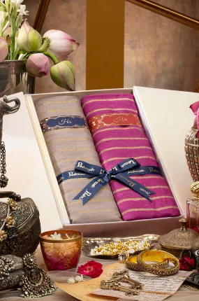 Pashtush His And Her Gift Set Of Striped Twilight Stoles With Premium Gift Box Packaging, Sombre Beige And Deep Pink