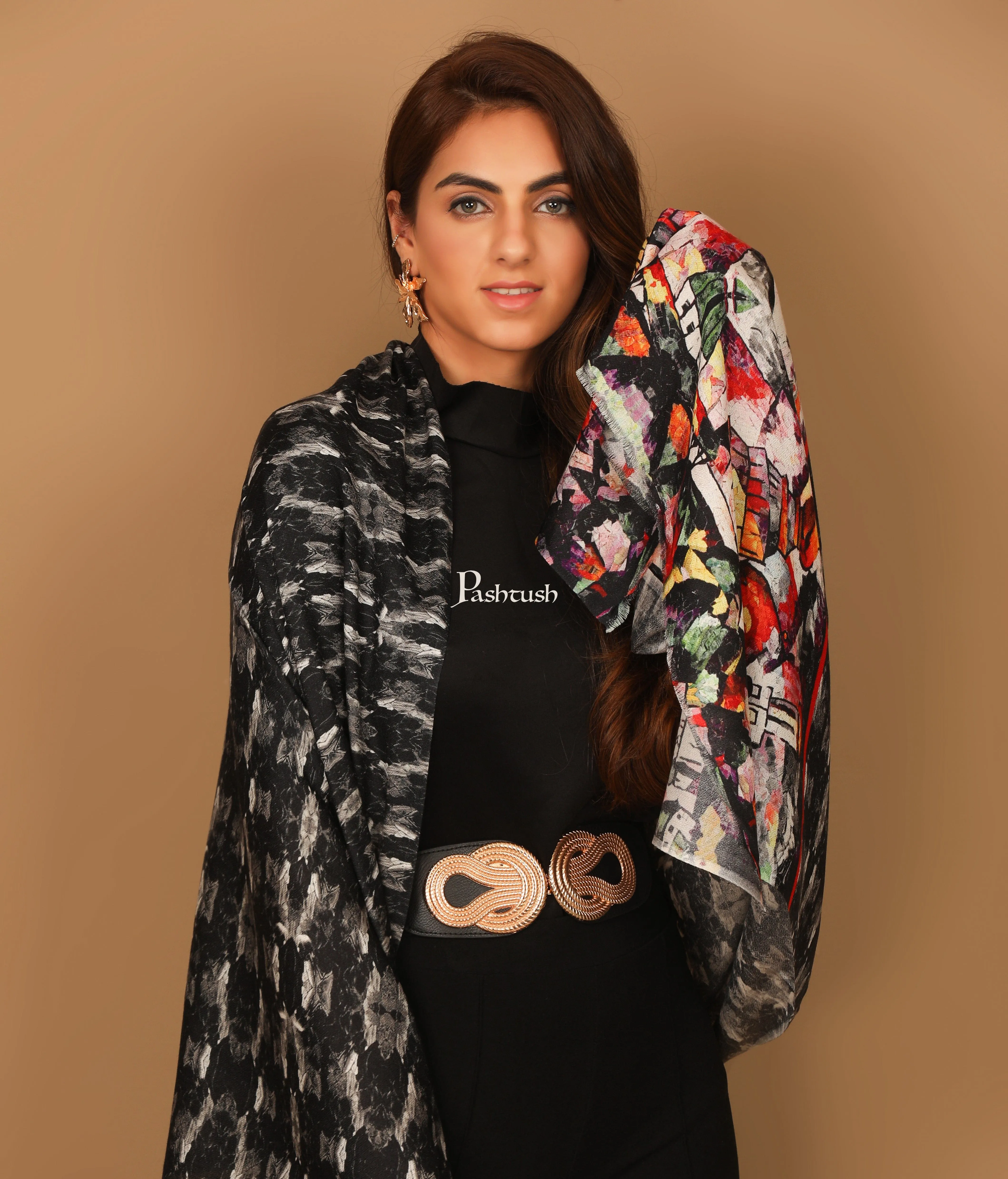 Pashtush His And Her Set Of Fine Wool and Printed Bamboo Stoles With Premium Gift Box Packaging, Beige and Black