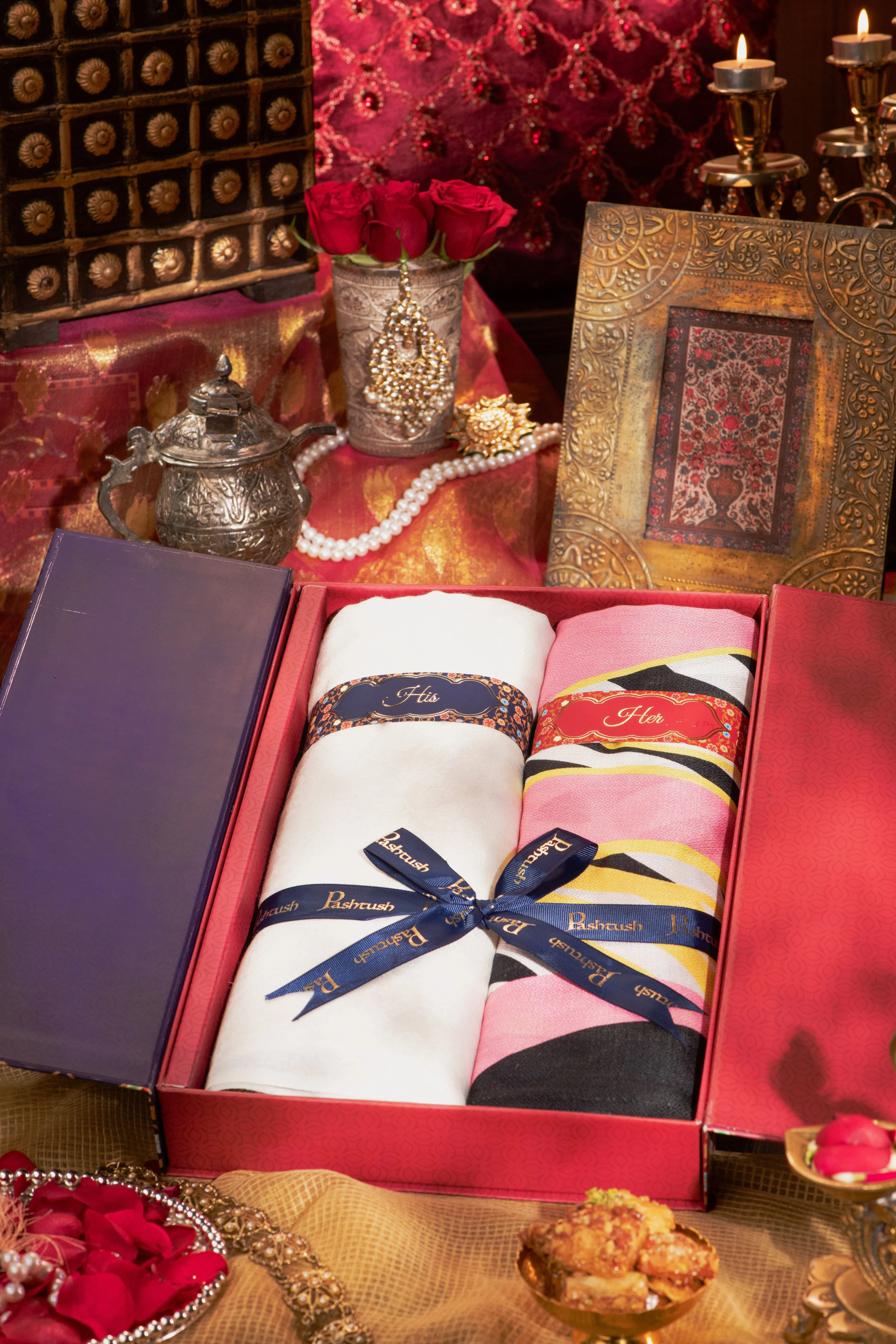 Pashtush His And Her Set Of Fine Wool and Printed Bamboo Stoles With Premium Gift Box Packaging, Ivory and Multicolour