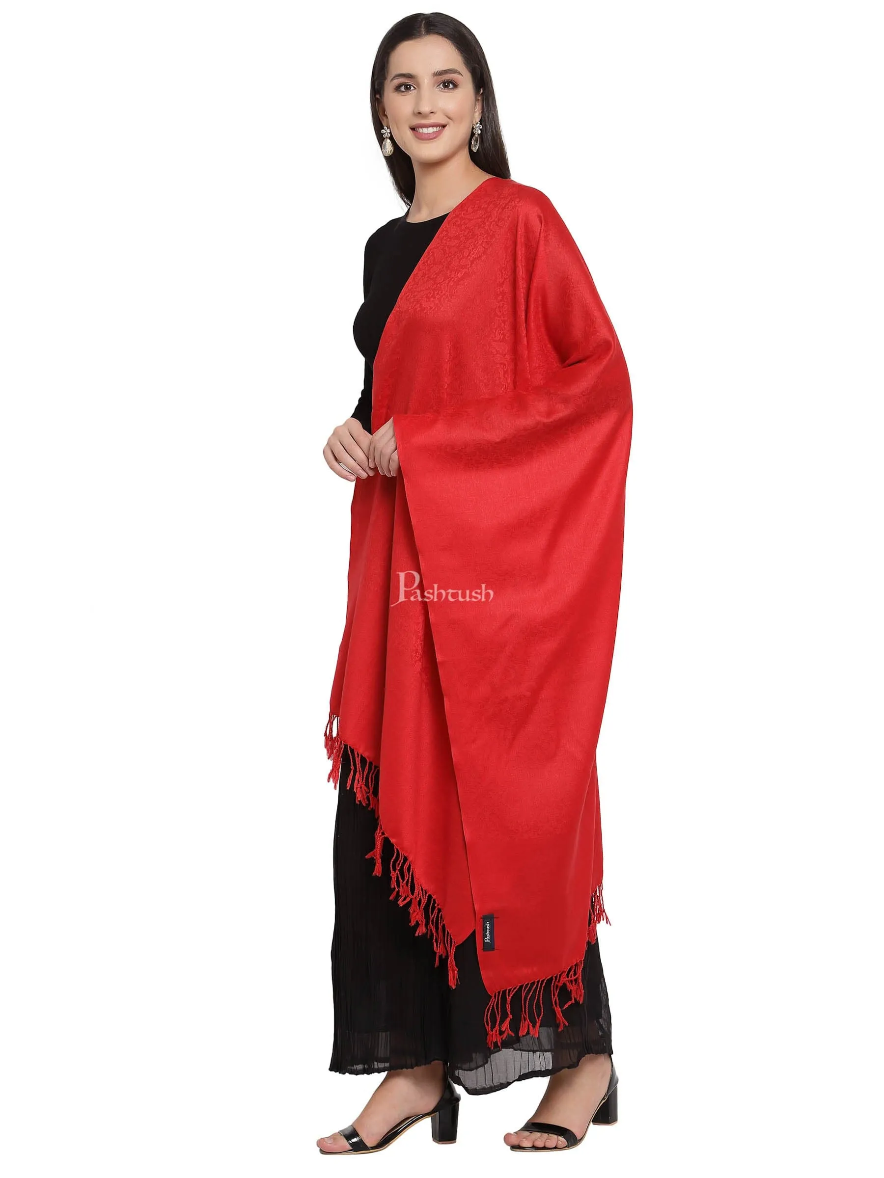 Pashtush His And Her Set Of Fine Wool Self Stoles With Premium Gift Box Packaging, Black and Scarlet Red