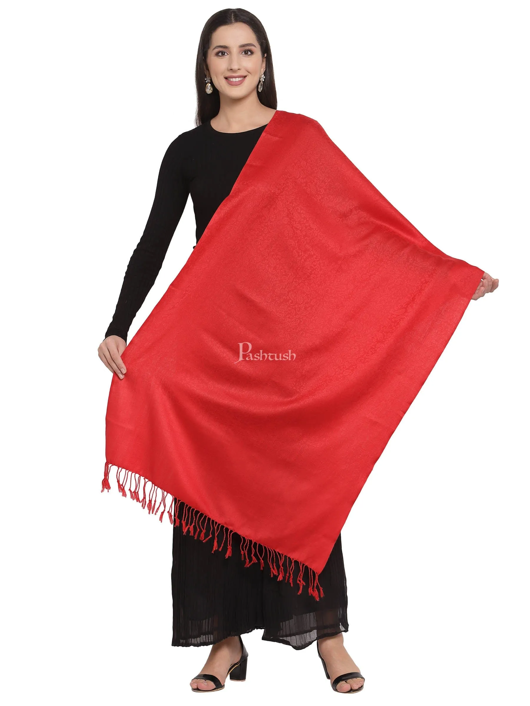 Pashtush His And Her Set Of Fine Wool Self Stoles With Premium Gift Box Packaging, Black and Scarlet Red