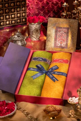 Pashtush His And Her Set Of Fine Wool Self Stoles With Premium Gift Box Packaging, Emerald Green and Mustard