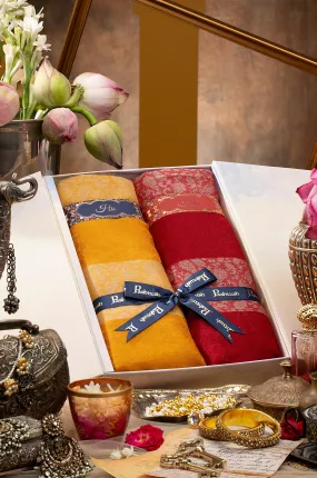 Pashtush His and Her Set of Fine Wool Stoles with Premium Gift Box Packaging, Mustard and Maroon