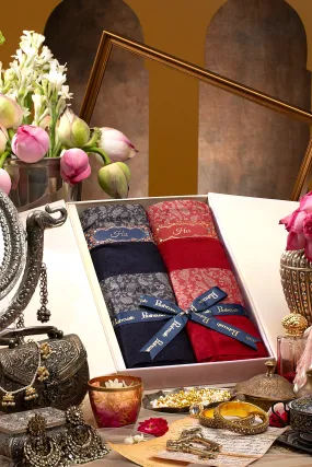 Pashtush His and Her Set of Fine Wool Stoles with Premium Gift Box Packaging, Navy Blue and Maroon