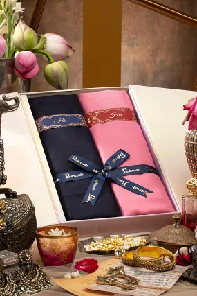 Pashtush His and Her Set of Fine Wool Stoles with Premium Gift Box Packaging, Navy Blue and Rose