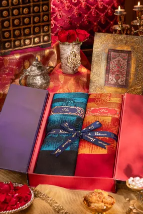 Pashtush His And Her Set Of Ikkat Design Stoles With Premium Gift Box Packaging, Pacific Blue and Maroon