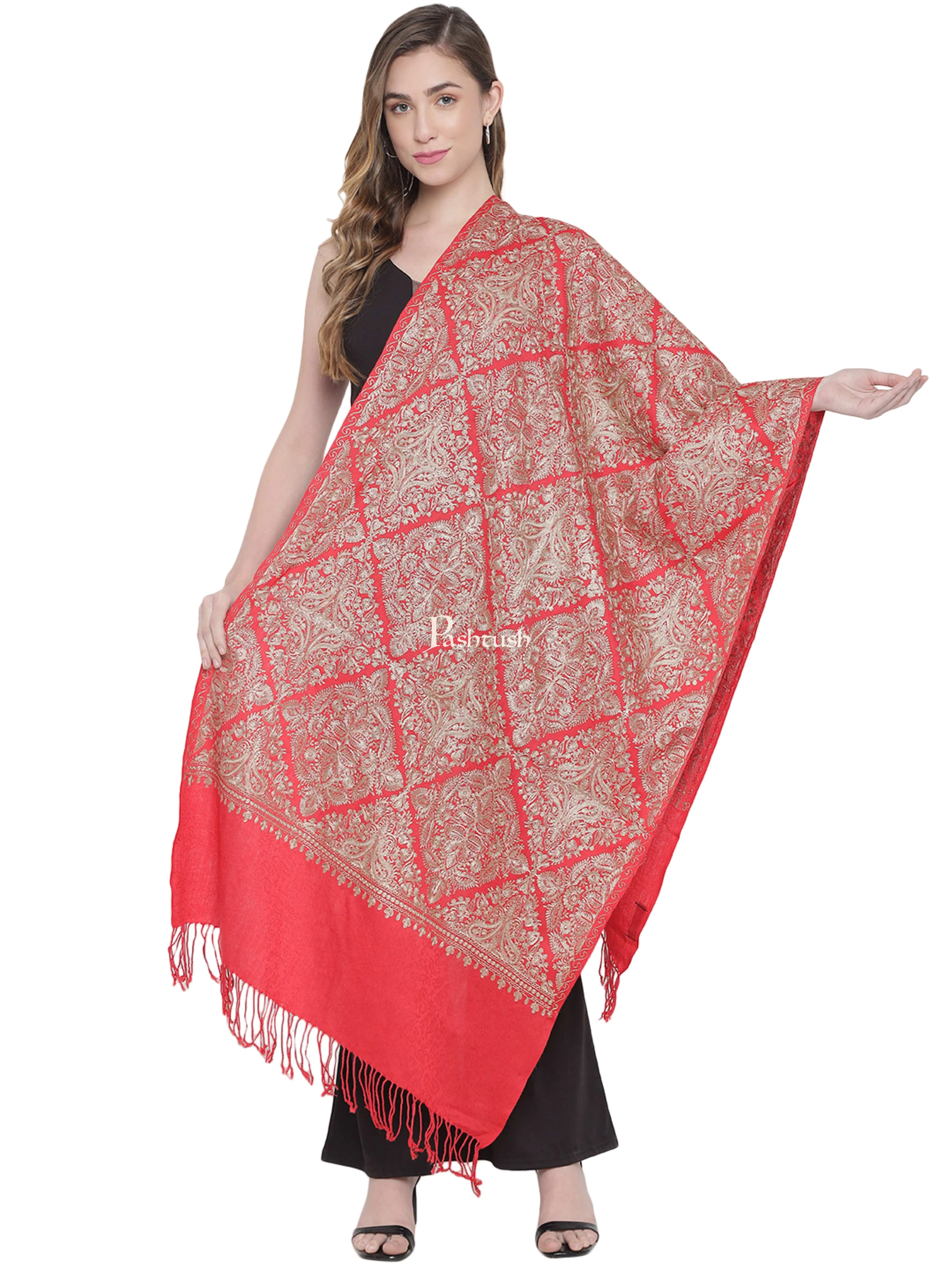 Pashtush His And Her Set Of Nalki Embroidery Stoles With Premium Gift Box Packaging, Beige and Red