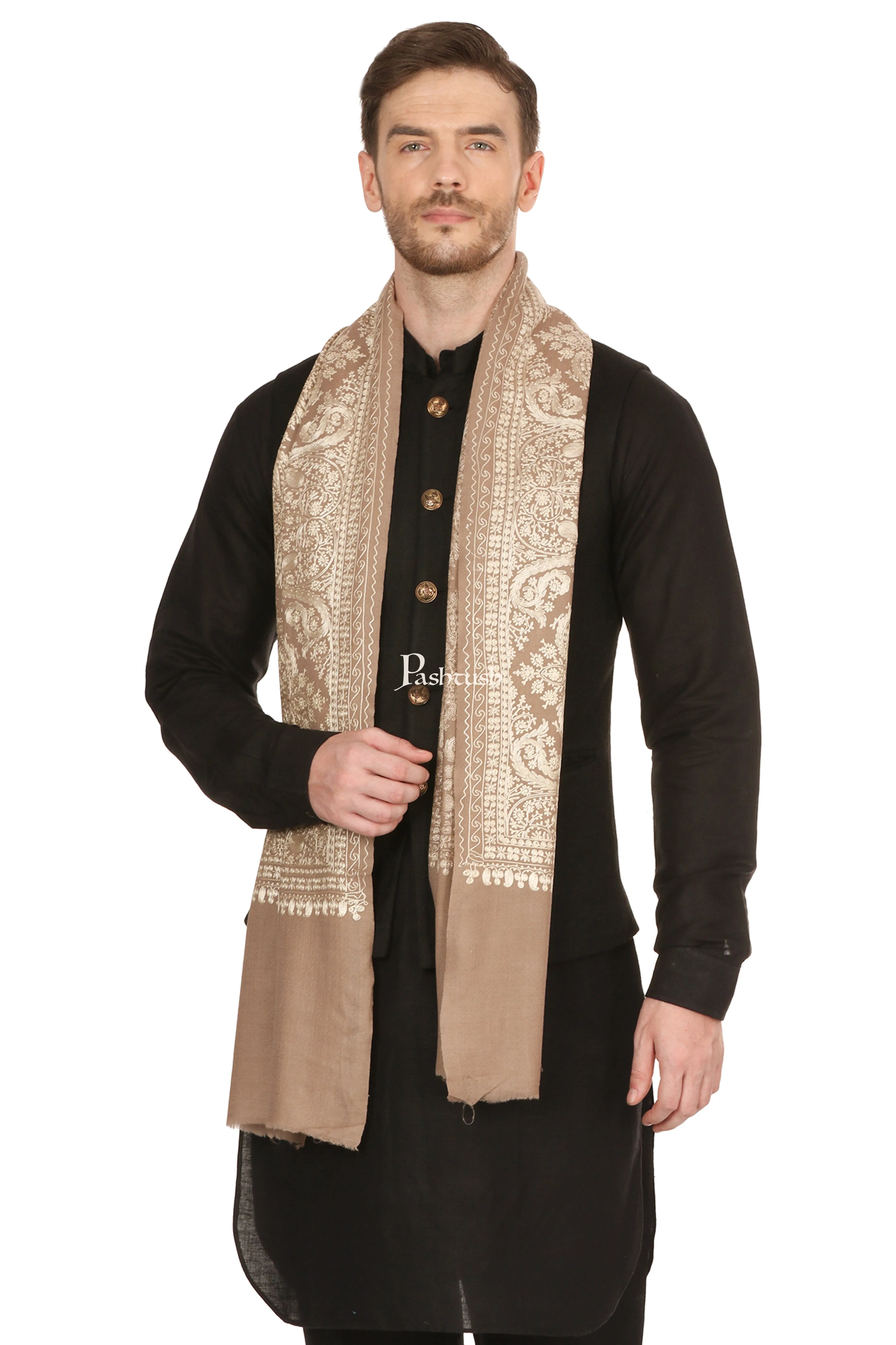 Pashtush His And Her Set Of Nalki Embroidery Stoles With Premium Gift Box Packaging, Beige and Red