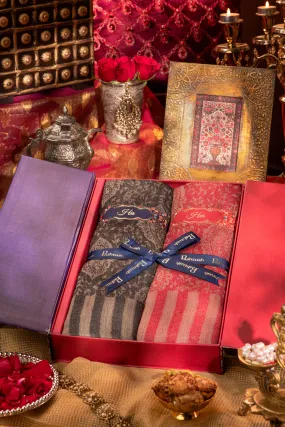 Pashtush His And Her Set Of Self Paisley Weave Stoles With Premium Gift Box Packaging, Black And Ruby