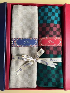 Pashtush His and Her Set of Stoles with Premium Gift Box Packaging, Taupe and Multicoloured.