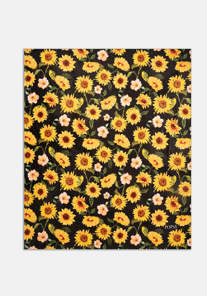 Pop-under Black Sunflower Print Plush Blanket