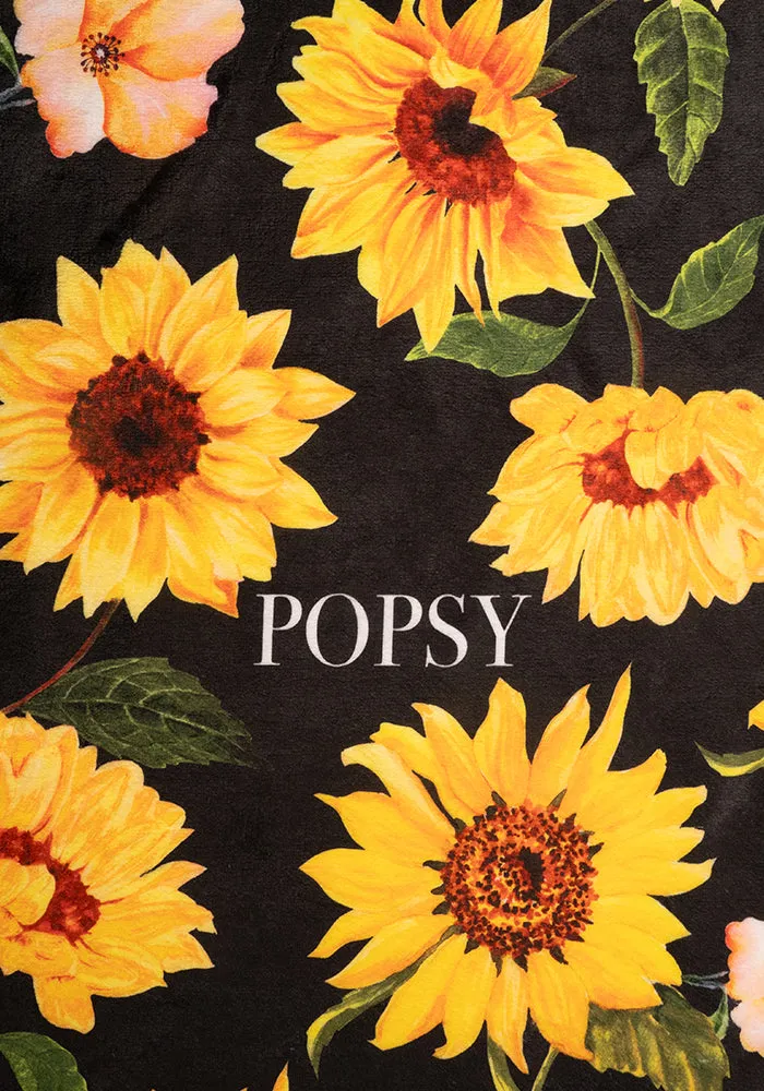 Pop-under Black Sunflower Print Plush Blanket