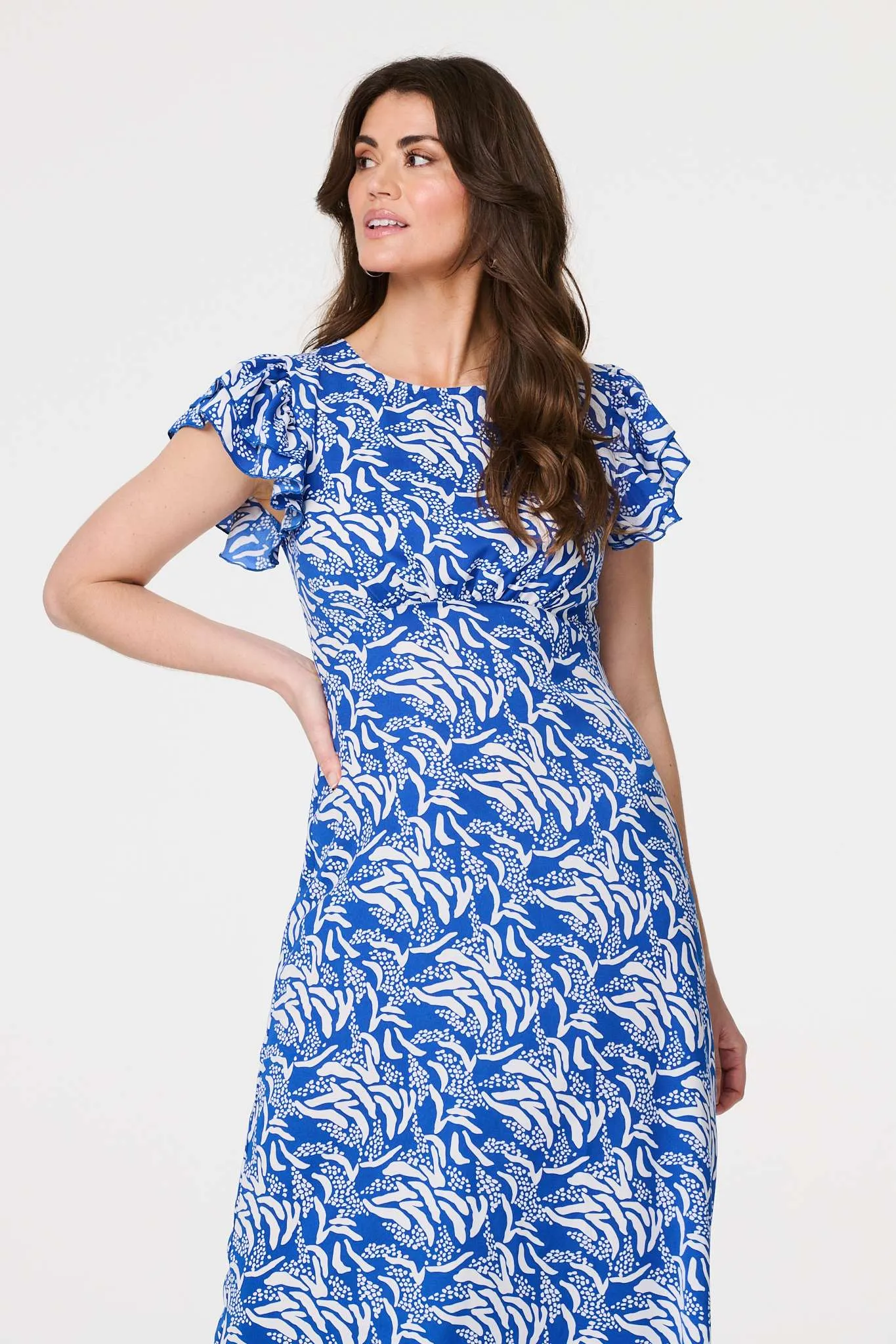 Printed Frill Cap Sleeve Midi Dress