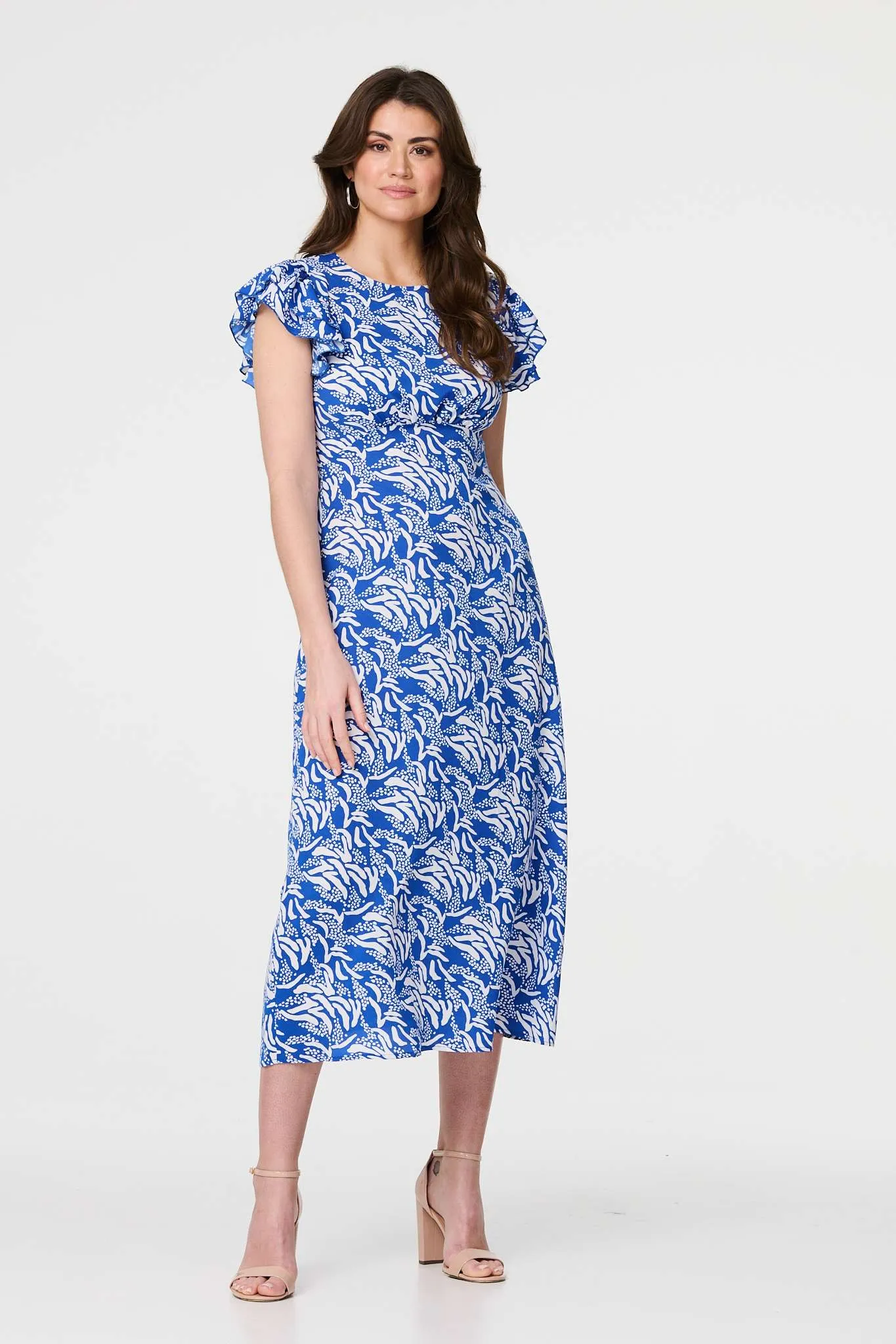 Printed Frill Cap Sleeve Midi Dress