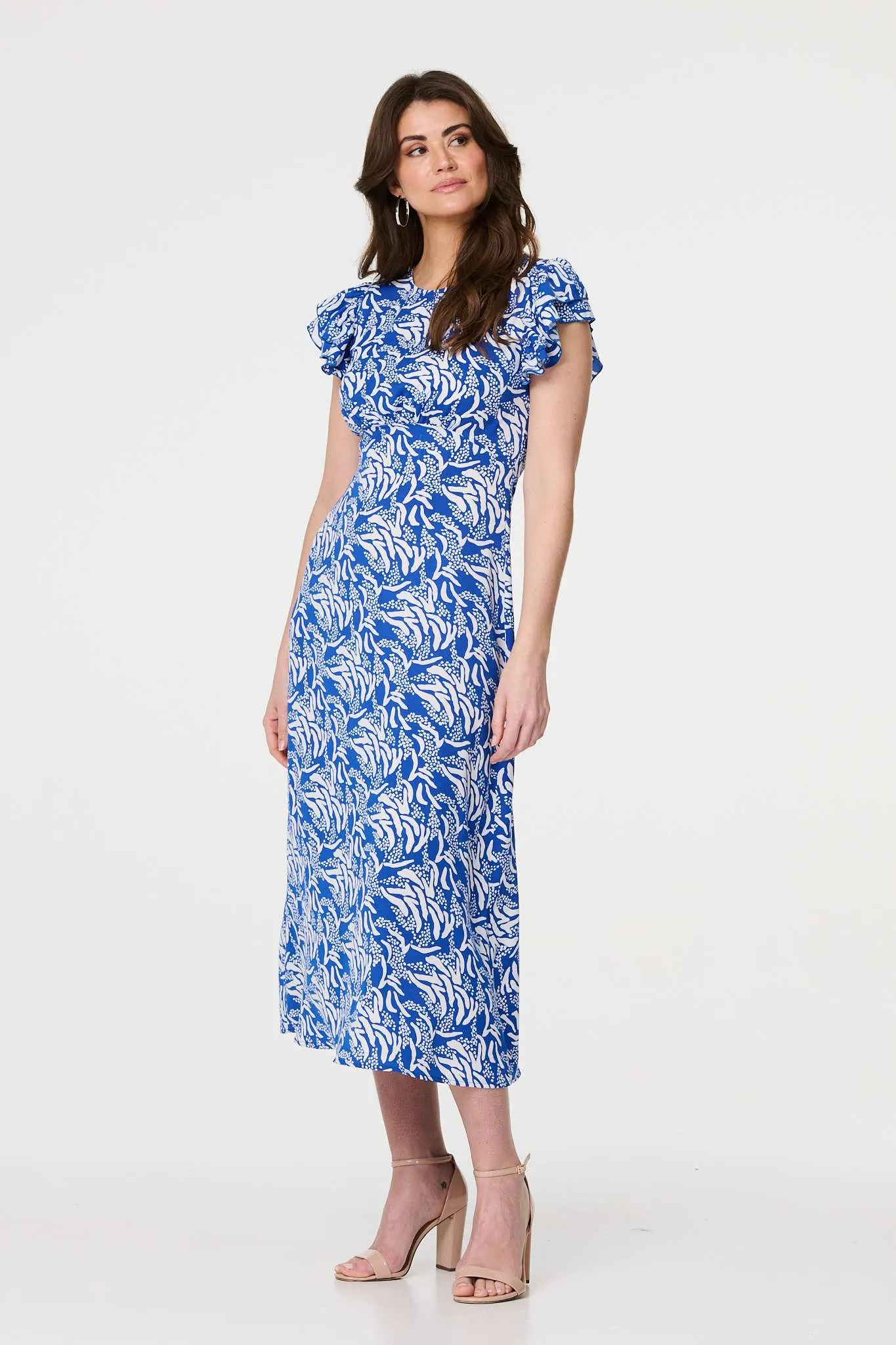 Printed Frill Cap Sleeve Midi Dress