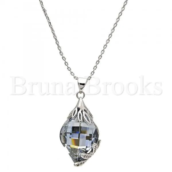 Rhodium Plated Fancy Necklace, Leaf Design, with Swarovski Crystals and Micro Pave, Rhodium Tone