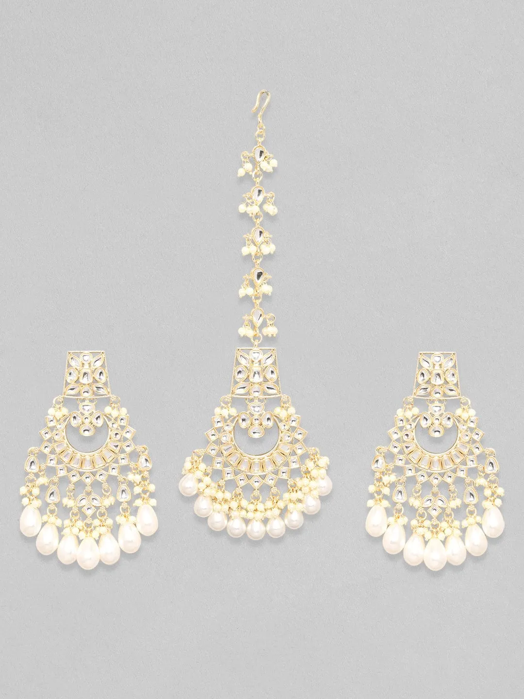 Rubans 24K Gold Plated Kundan Studded Pearls Maangtikka & Earring Set