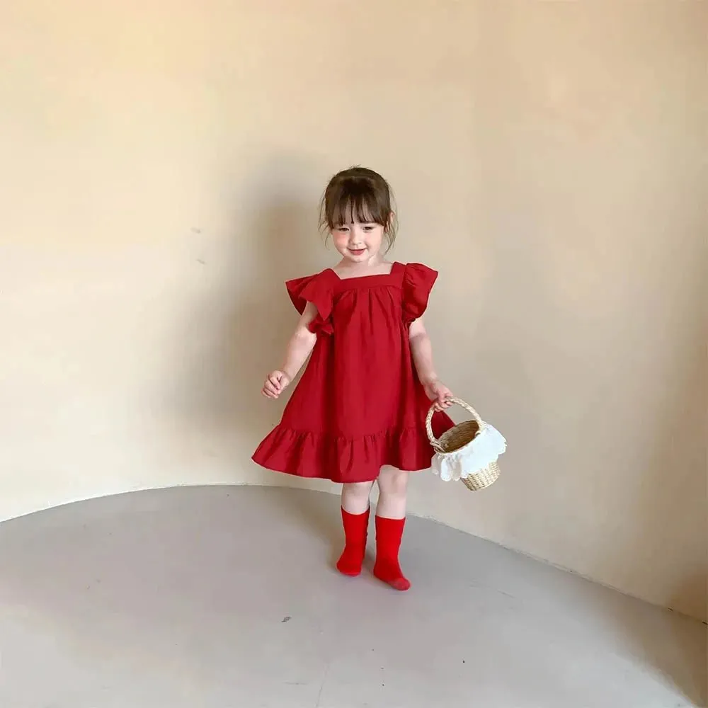 Ruffled Bowknot A Line Dress for Girls in Red & Green