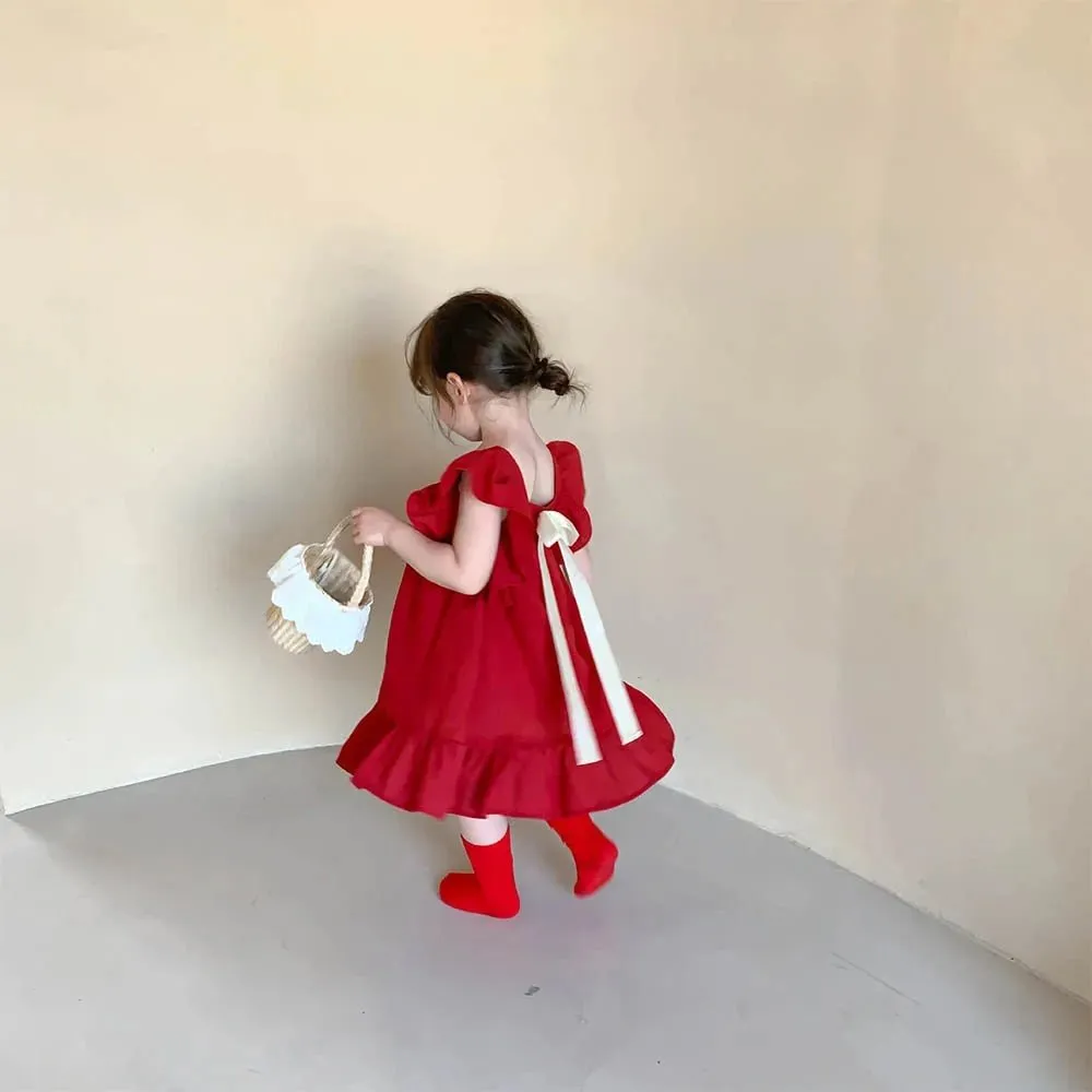 Ruffled Bowknot A Line Dress for Girls in Red & Green