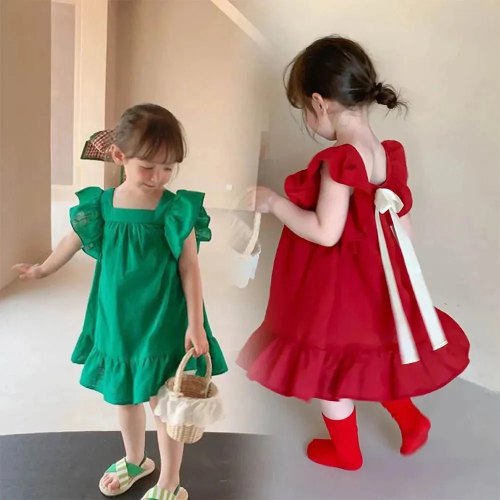 Ruffled Bowknot A Line Dress for Girls in Red & Green