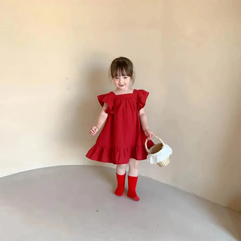 Ruffled Bowknot A Line Dress for Girls in Red & Green