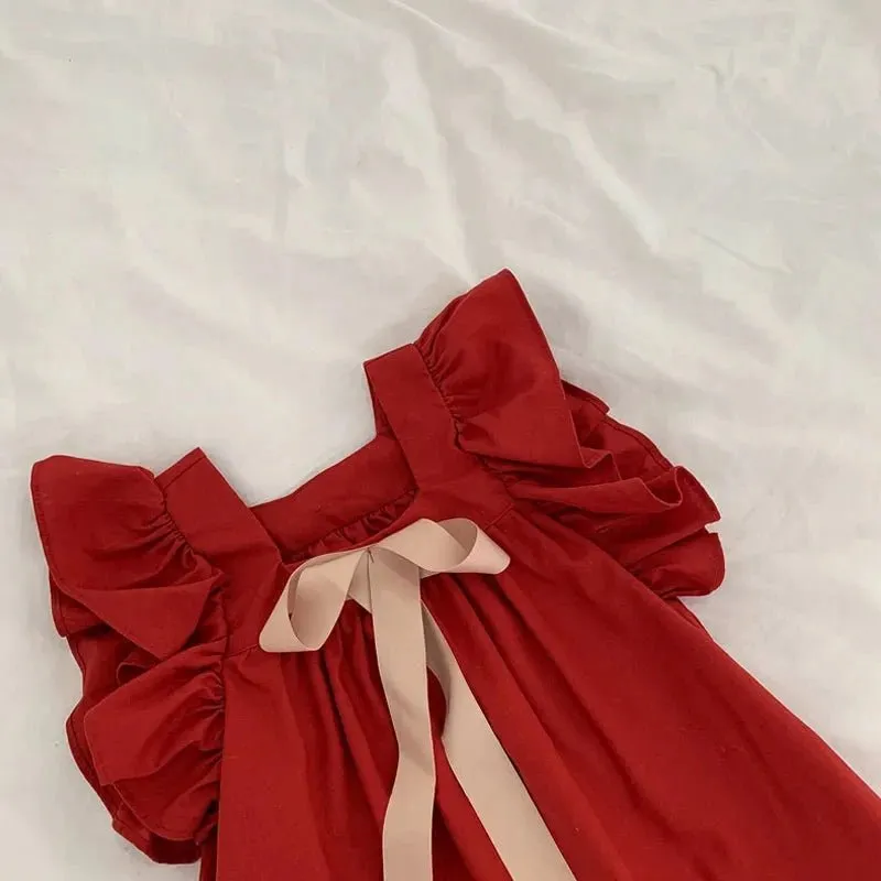 Ruffled Bowknot A Line Dress for Girls in Red & Green